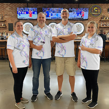 Load image into Gallery viewer, Darts team wearing matching white and holographic dartboard crown darts jerseys during league competition front view.