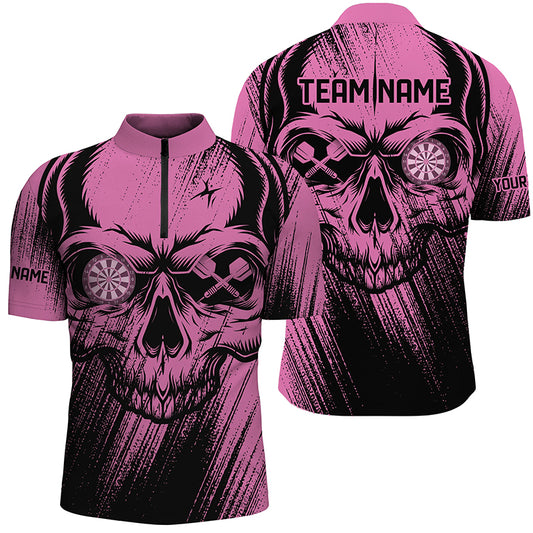 Personalized Pink Grunge Skull Darts Polo & Quarter-Zip Shirt For Men Custom Cool Darts Team Jersey TDM2531