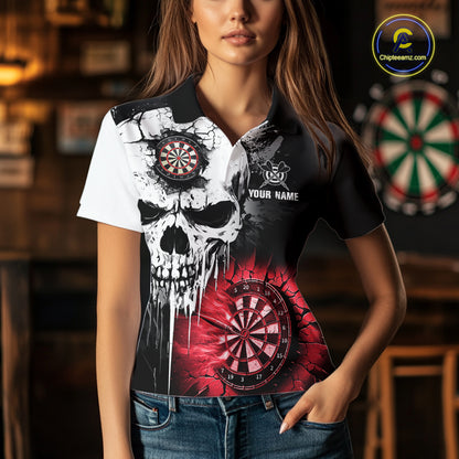 Personalized Grunge Skull Crack Wall Women Dart Shirts Custom Scary Darts League Team Jerseys |Red TDM2786