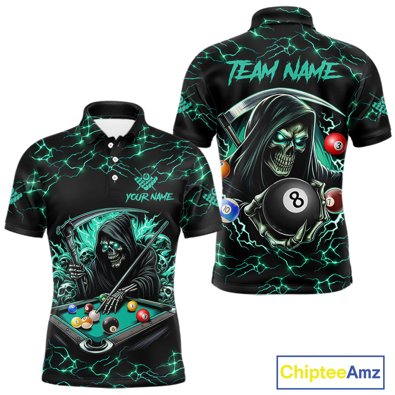 Turquoise Funny Grim Reaper 8 Ball Pool Men Billiard Shirt Custom Lightning Billiard Team Jerseys TDM5239