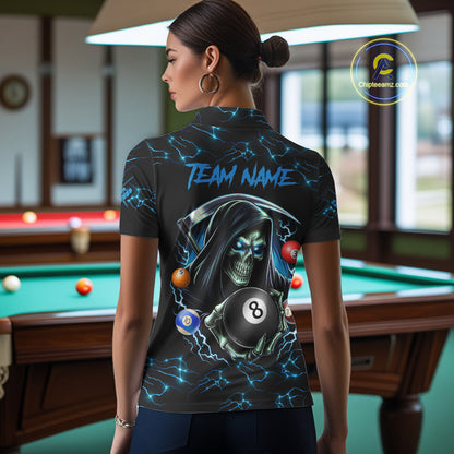 Blue Funny Grim Reaper 8 Ball Pool Women Billiard Shirts Custom Billiard Jersey Team Polo & 1/4 Zip TDM5240