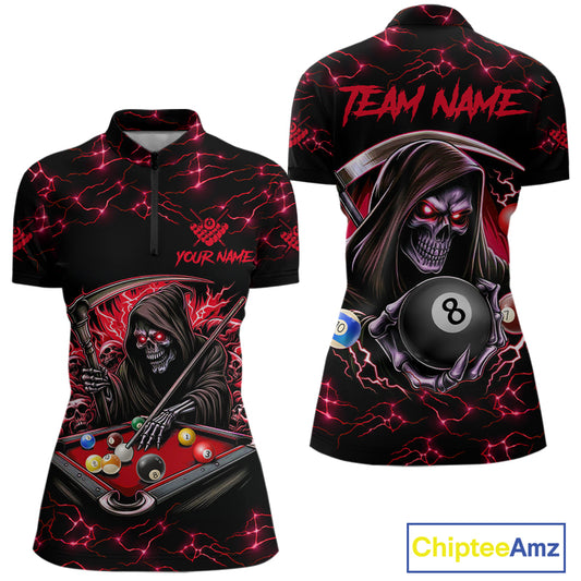 Red Funny Grim Reaper 8 Ball Pool Women Billiard Shirts Custom Billiard Jersey Team Polo & 1/4 Zip TDM5241