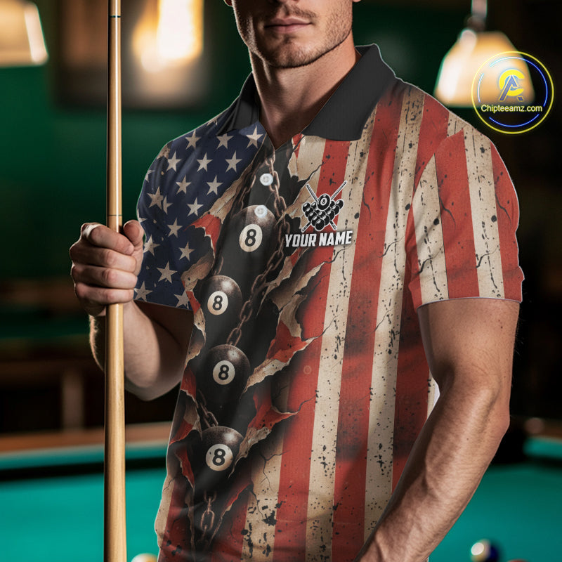 Vintage American Flag Chain 8 Ball Pool Billiard Shirt For Men Custom Patriotic Billiard Jerseys TDM5244