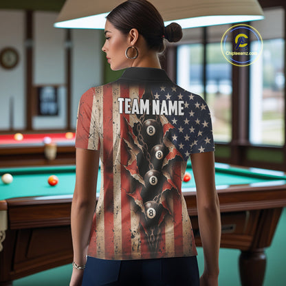 Vintage American Flag Chain 8 Ball Pool Billiard Shirt For Women Custom Patriotic Billiard Jerseys TDM5244