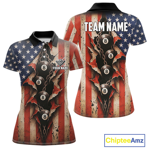 Vintage American Flag Chain 8 Ball Pool Billiard Shirt For Women Custom Patriotic Billiard Jerseys TDM5244