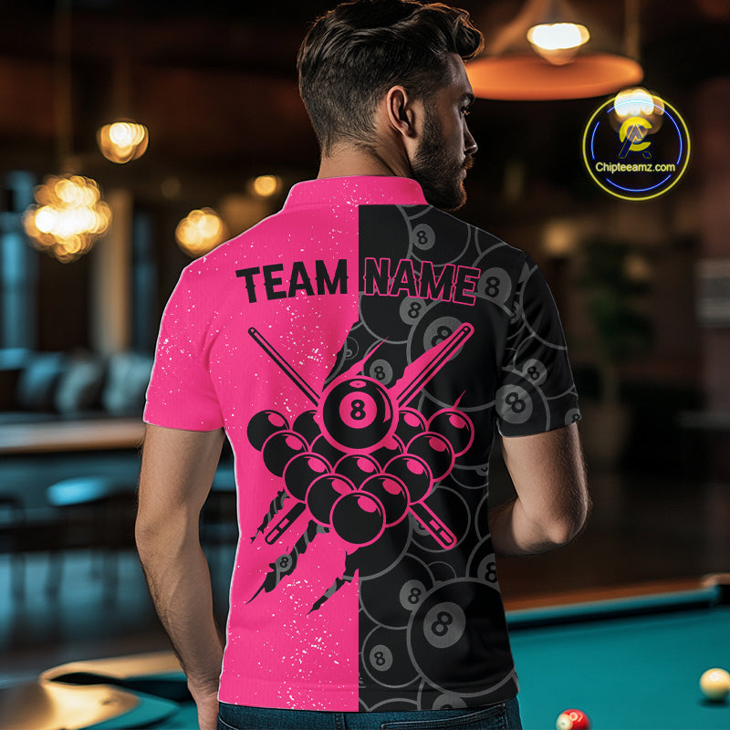 Custom Grunge Pink Black 8 Ball Pool Billiard Shirt For Men, Billiard Team Jersey Polo & 1/4 Zip TDM5960