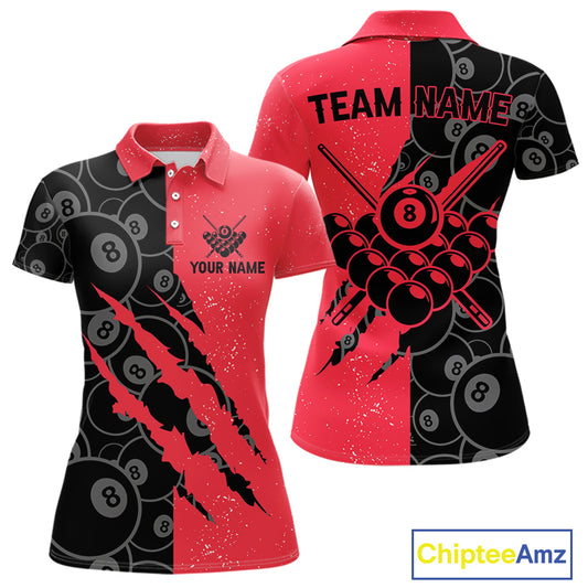 Custom Grunge Black And Red 8 Ball Billiard Shirt For Women, Pool Team Jersey Polo & 1/4 Zip TDM5961