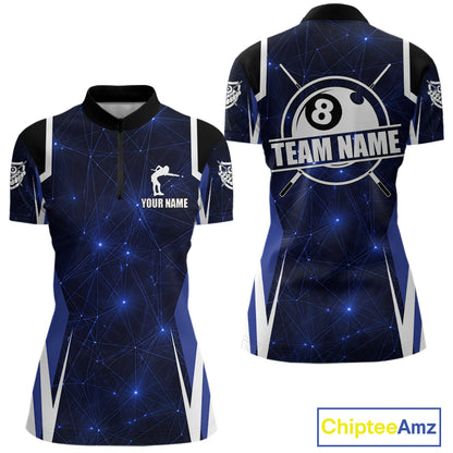 Custom 8 Ball Pool Billiard Shirt For Women, Blue Geometric Billiard Team Jersey Polo & 1/4 Zip TDM6130