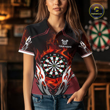 Load image into Gallery viewer, Woman wearing a red flaming silver darts jersey front view.