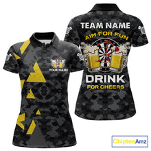 Load image into Gallery viewer, Darts and beer aim for fun drink for cheers darts polo shirt for women with custom darts team graphics.
