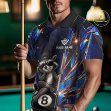 Load image into Gallery viewer, Man wearing a funny raccoon crystal 8 ball billiard jersey beside a pool table front view.