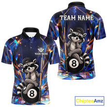 Load image into Gallery viewer, Funny raccoon crystal 8 ball billiard polo shirt for men with custom pool team graphics.