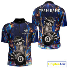 Load image into Gallery viewer, Funny raccoon crystal 8 ball billiard quarter zip shirt for men designed for league tournaments and team events.