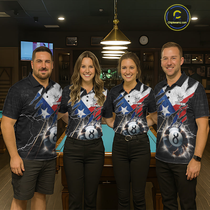 Pool Team Wearing Texas Flag Lightning 8 Ball Patriotic Billiard Jerseys During League Matches and Tournament Competition, Front View