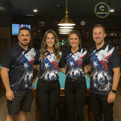 Pool Team Wearing Texas Flag Lightning 8 Ball Patriotic Billiard Jerseys During League Matches and Tournament Competition, Front View