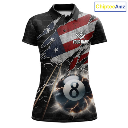 American Flag Lightning 8 Ball Billiard Pool Polo Shirt Featuring a Patriotic Custom Design for Pool League Players, Team Matches, and Tournament Competition