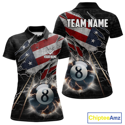 Custom American Flag Lightning 8 Ball Pool Polo Shirt Designed for Personalized Patriotic Billiard Team Jerseys with Bold Athletic Performance Style