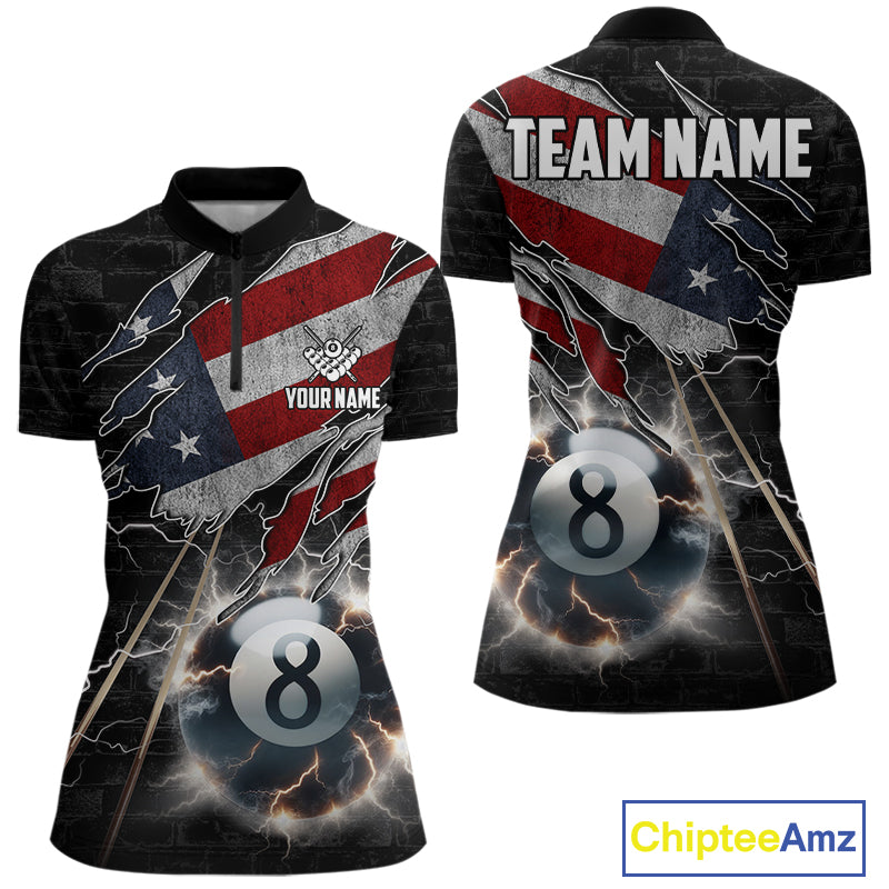 American Flag Lightning 8 Ball Quarter Zip Billiard Shirt Created for Pool League Teams with Patriotic Artwork and Custom Jersey Design