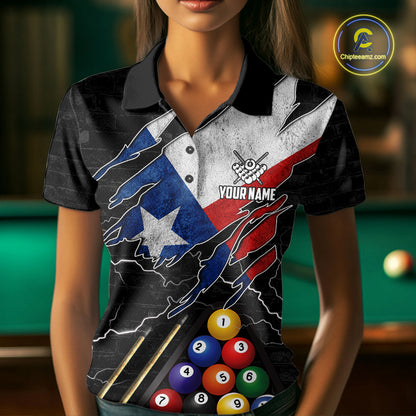 Woman Wearing Personalized Texas Flag 8 Ball Billiard Polo Shirt with Athletic Performance Fit and Patriotic Graphic Artwork, Front View