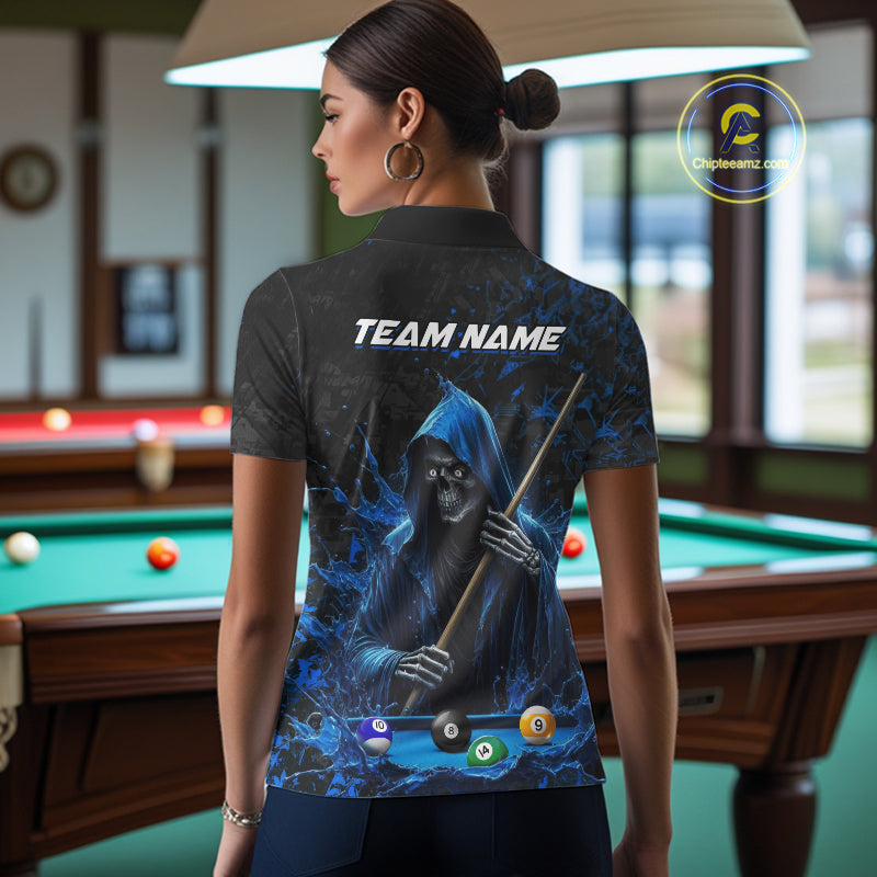 Woman Wearing Personalized Blue Grim Reaper 8 Ball 9 Ball Custom Pool Team Jersey Featuring the Complete Rear Graphic Design, Back View