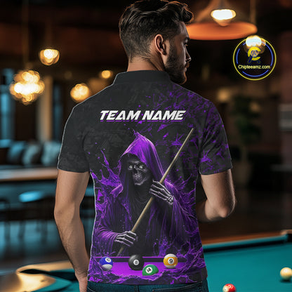 Man Wearing Personalized Purple Grim Reaper 8 Ball 9 Ball Custom Pool Team Jersey Featuring the Complete Rear Graphic Design, Back View