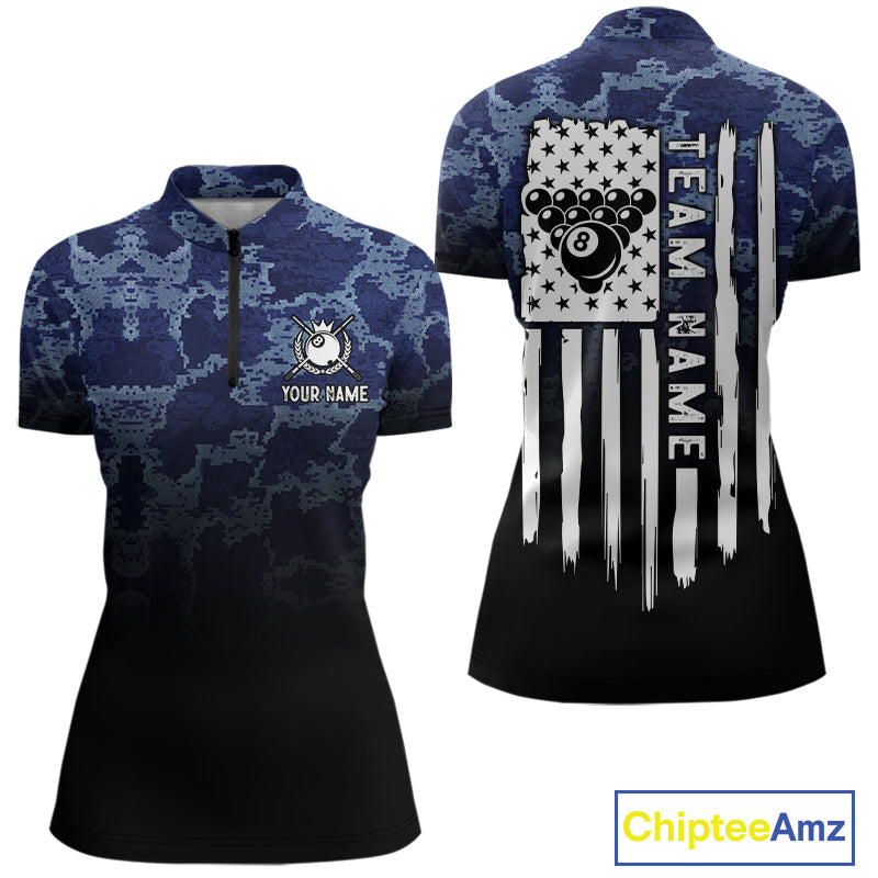 Black And Blue Camo American Flag 8 Ball Billiard Shirt For Women Custom Patriotic Pool Team Jersey TDM5037