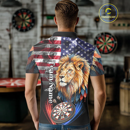 American Flag Smoke Lion Darts Shirt For Men Custom Patriotic Darts Jersey Team Polo, 1/4 Zip TDM5258