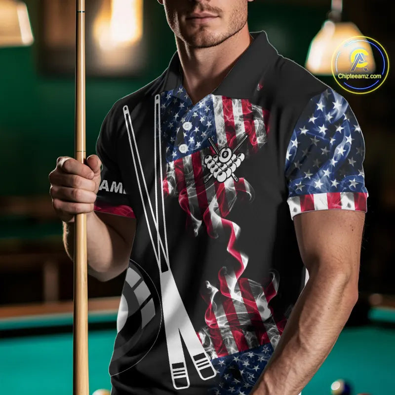 Personalized US Flag Smoke 8 Ball Pool Billiard Shirt For Men Custom Patriotic Billiard Team Jersey TDM5516