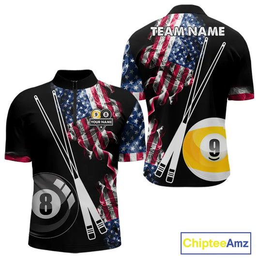 American Flag Smoke 8 Ball & 9 Ball Pool Billiard Shirt For Men Custom Patriotic Billiard Jersey TDM5517