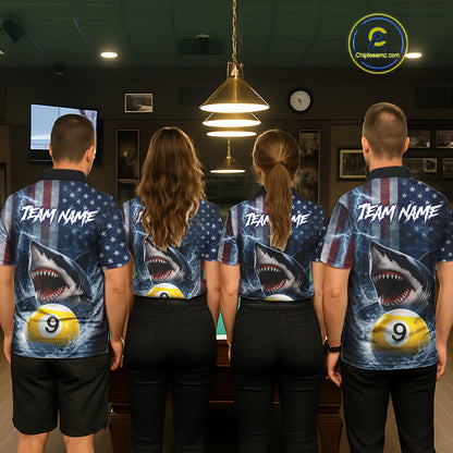 American Flag Shark 8 Ball & 9 Ball Billiard Shirt For Men Custom Lightning Patriotic Pool Jersey TDM5770