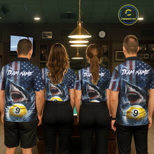 Load image into Gallery viewer, American Flag Shark 8 Ball &amp; 9 Ball Billiard Shirt For Men Custom Lightning Patriotic Pool Jersey TDM5770