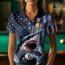 Load image into Gallery viewer, American Flag Shark 8 Ball &amp; 9 Ball Billiard Shirt For Women Custom Lightning Patriotic Pool Jersey TDM5770