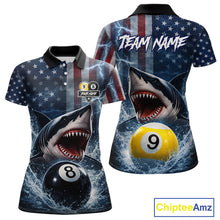 Load image into Gallery viewer, American Flag Shark 8 Ball &amp; 9 Ball Billiard Shirt For Women Custom Lightning Patriotic Pool Jersey TDM5770