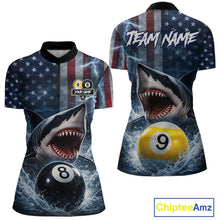 Load image into Gallery viewer, American Flag Shark 8 Ball &amp; 9 Ball Billiard Shirt For Women Custom Lightning Patriotic Pool Jersey TDM5770
