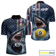 Load image into Gallery viewer, American Flag Shark 8 Ball &amp; 9 Ball Billiard Shirt For Men Custom Lightning Patriotic Pool Jersey TDM5770