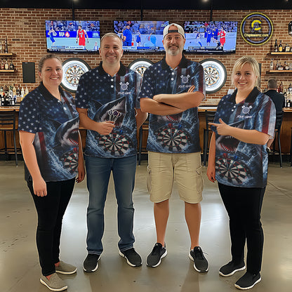 American Flag Shark Darts Shirt For Men Custom Lightning Patriotic Dart Jersey Team Polo & 1/4 Zip TDM5771