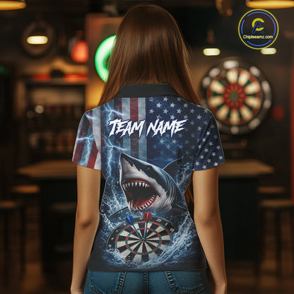American Flag Shark Darts Shirt For Women Custom Lightning Patriotic Dart Jersey Team Polo & 1/4 Zip TDM5771