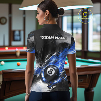 Custom Blue Flaming 8 Ball Pool Billiard Shirt For Women, Billiard Team Jersey Polo & 1/4 Zip TDM6370