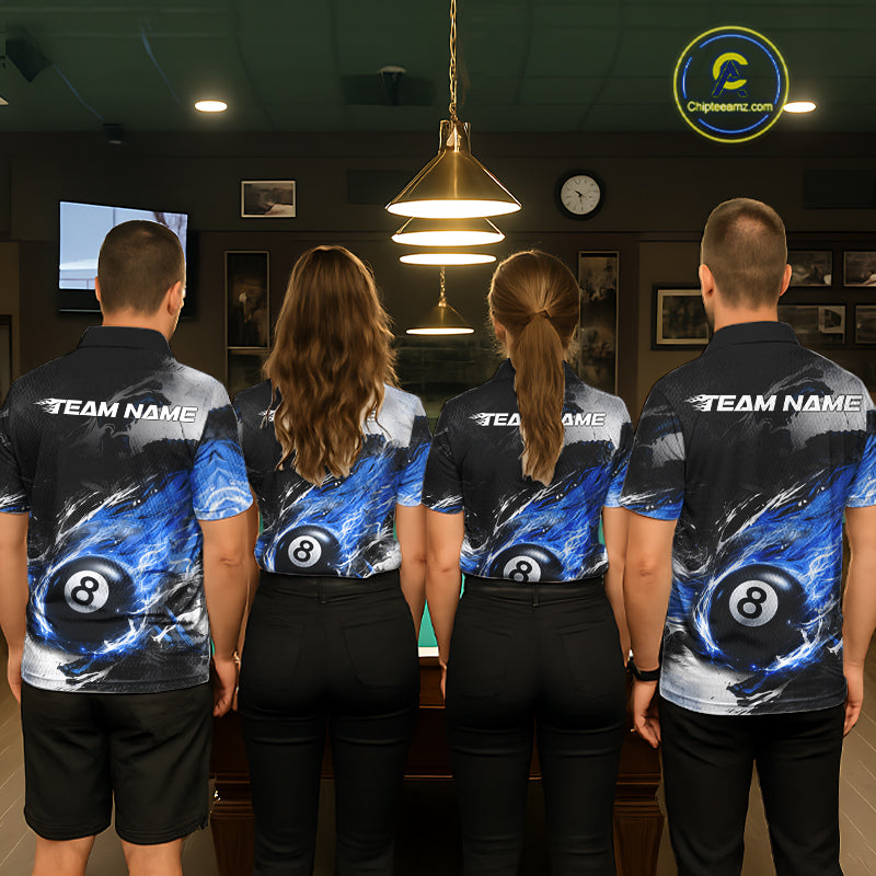 Custom Blue Flaming 8 Ball Pool Billiard Shirt For Men, Billiard Team Jersey Polo & 1/4 Zip TDM6370