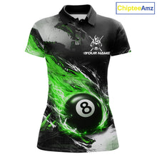 Load image into Gallery viewer, Custom Green Flaming 8 Ball Pool Billiard Shirt For Women, Billiard Team Jersey Polo &amp; 1/4 Zip TDM6371