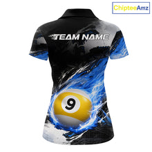 Load image into Gallery viewer, Custom 8 Ball &amp; 9 Ball Pool Blue Flame Billiard Shirt For Women, Billiard Team Jersey Polo &amp; 1/4 Zip TDM6372
