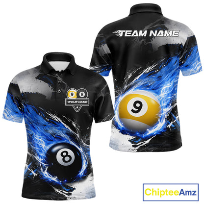 Custom 8 Ball & 9 Ball Pool Blue Flame Billiard Shirt For Men, Billiard Team Jersey Polo & 1/4 Zip TDM6372