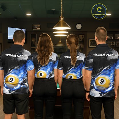 Custom 8 Ball & 9 Ball Pool Blue Flame Billiard Shirt For Men, Billiard Team Jersey Polo & 1/4 Zip TDM6372
