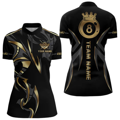 Customized 8 Ball Pool Crown Women Billiard Shirts, Gold And Black Billiard Team Shirt Pool Jerseys TDM3769