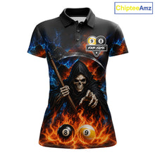 Load image into Gallery viewer, Custom 8 Ball &amp; 9 Ball Fire Grim Reaper Billiard Shirt For Women, Pool Team Jersey Polo &amp; 1/4 Zip TDM6562