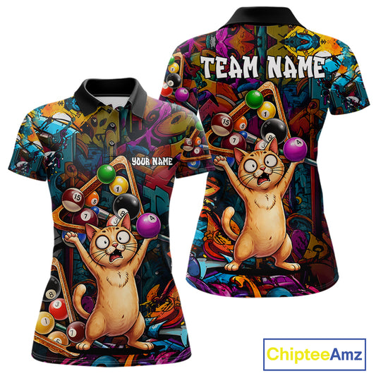 Colorful Billiard Jersey Custom Funny Cat Graffiti Billiard Polo & Quarter Zip Shirts For Women TDM6564