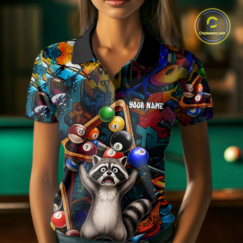 Colorful Billiard Jersey Custom Funny Raccoon Graffiti Billiard Polo & Quarter Zip Shirts For Women TDM6565