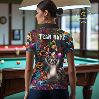 Colorful Billiard Jersey Custom Funny Raccoon Graffiti Billiard Polo & Quarter Zip Shirts For Women TDM6565