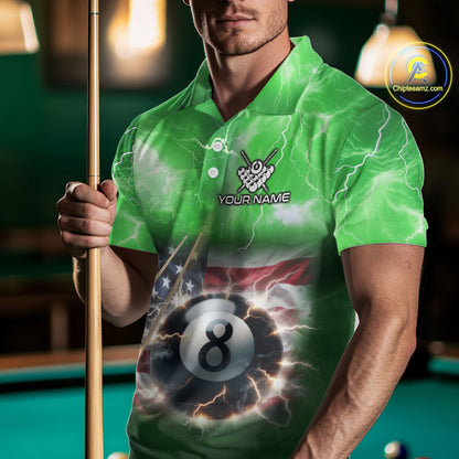 Green American Flag Thunder Lightning 8 Ball Billiard Shirt For Men Custom Pool Team Jersey TDM5265