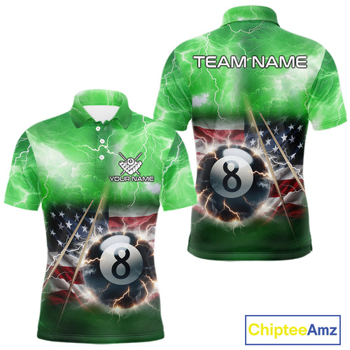 Green American Flag Thunder Lightning 8 Ball Billiard Shirt For Men Custom Pool Team Jersey TDM5265